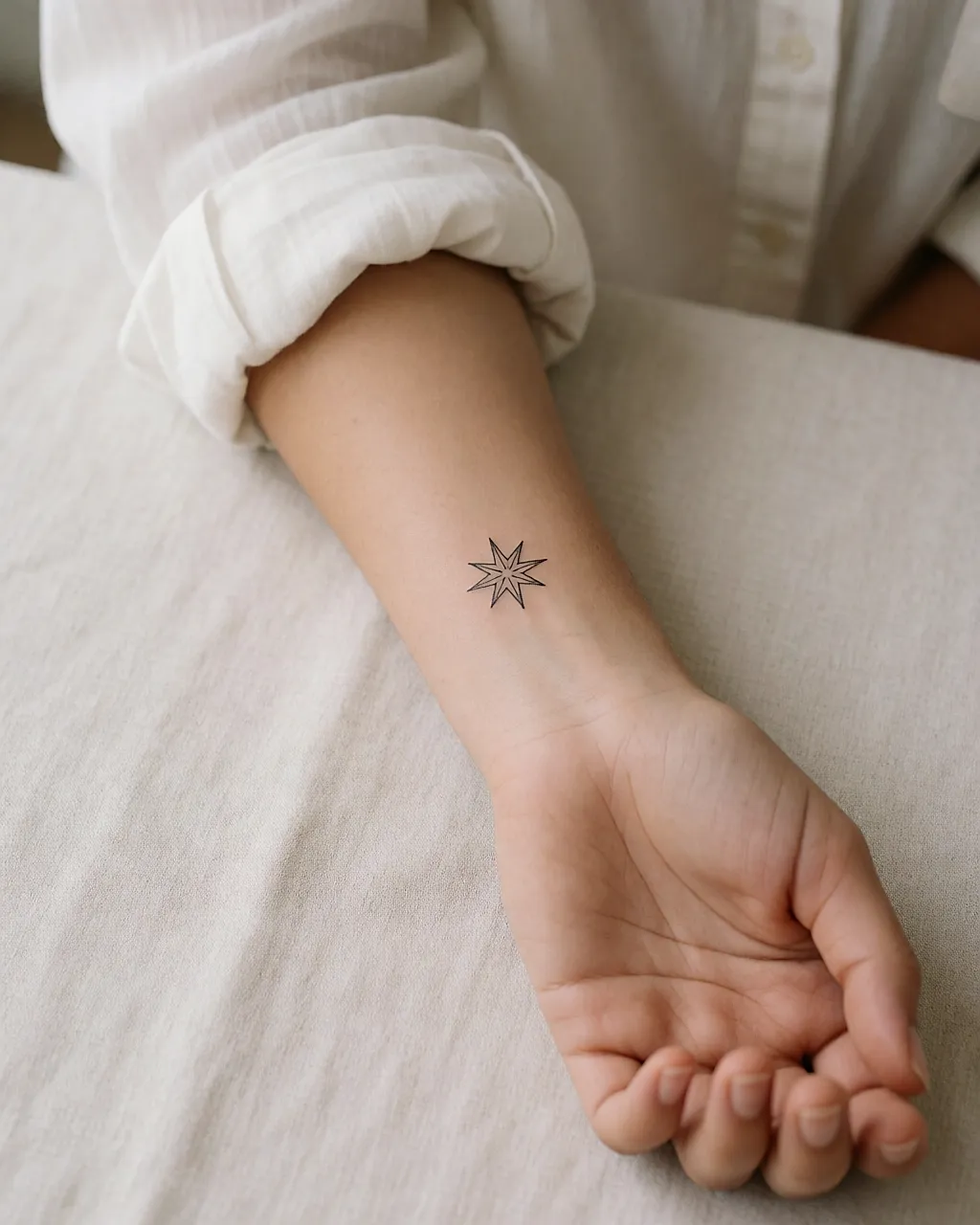 Muñeca de una mujer joven apoyada sobre lino, con una estrella fina tatuada en la cara interna