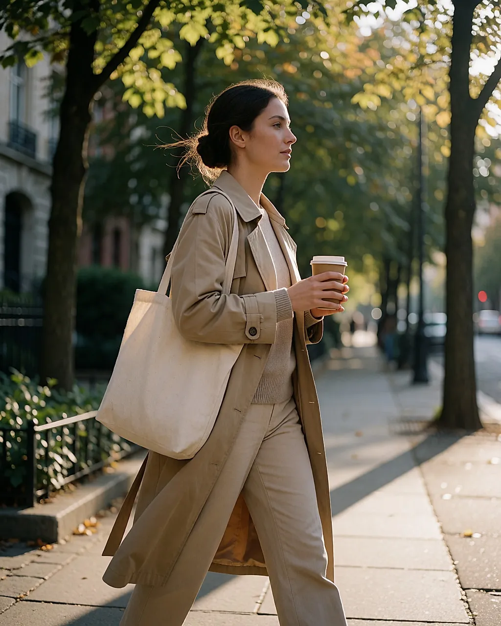 Mujer joven caminando por una acera arbolada al amanecer, con un vaso de café y un bolso al hombro