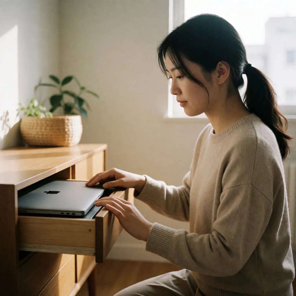Mujer joven guardando su portátil en el cajón de un mueble de madera, al final del día