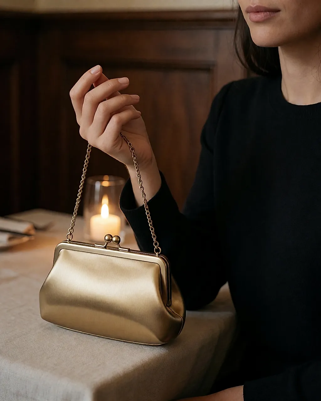 Eine goldene Abendtasche in der Hand auf einem Restauranttisch am Abend