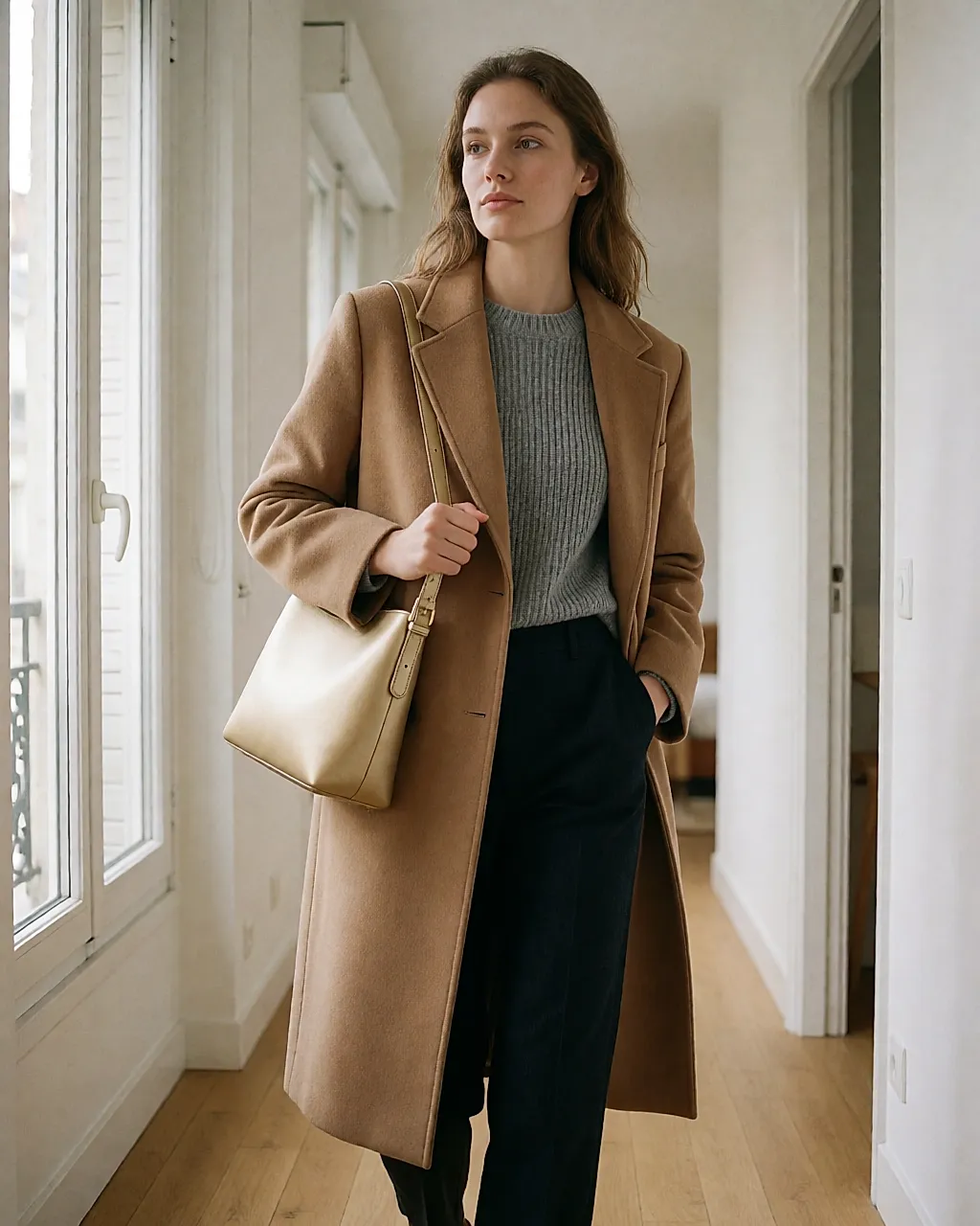 Eine Frau im Camel-Mantel trägt eine matte goldene Tasche über der Schulter in einer hellen Wohnung