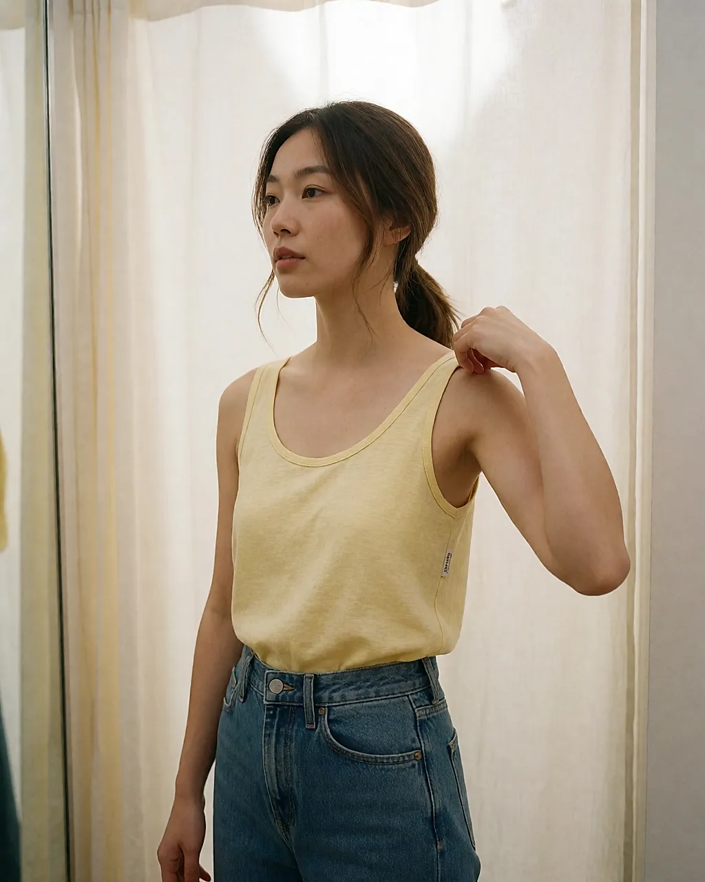 A butter-yellow linen vest top tried on in a fitting room