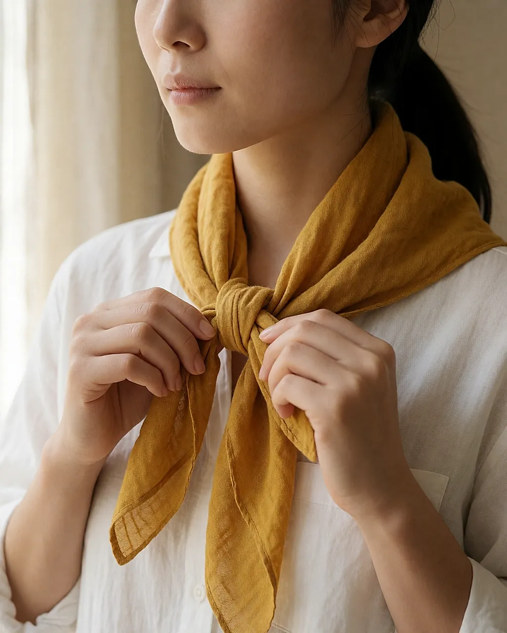 A mustard cotton scarf knotted over a white shirt