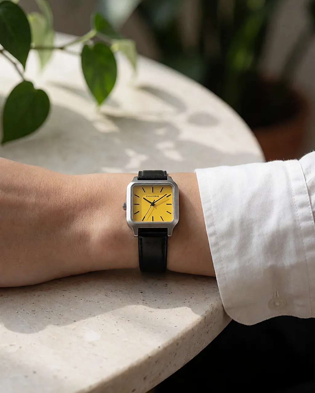 A yellow watch with a square dial worn on the wrist