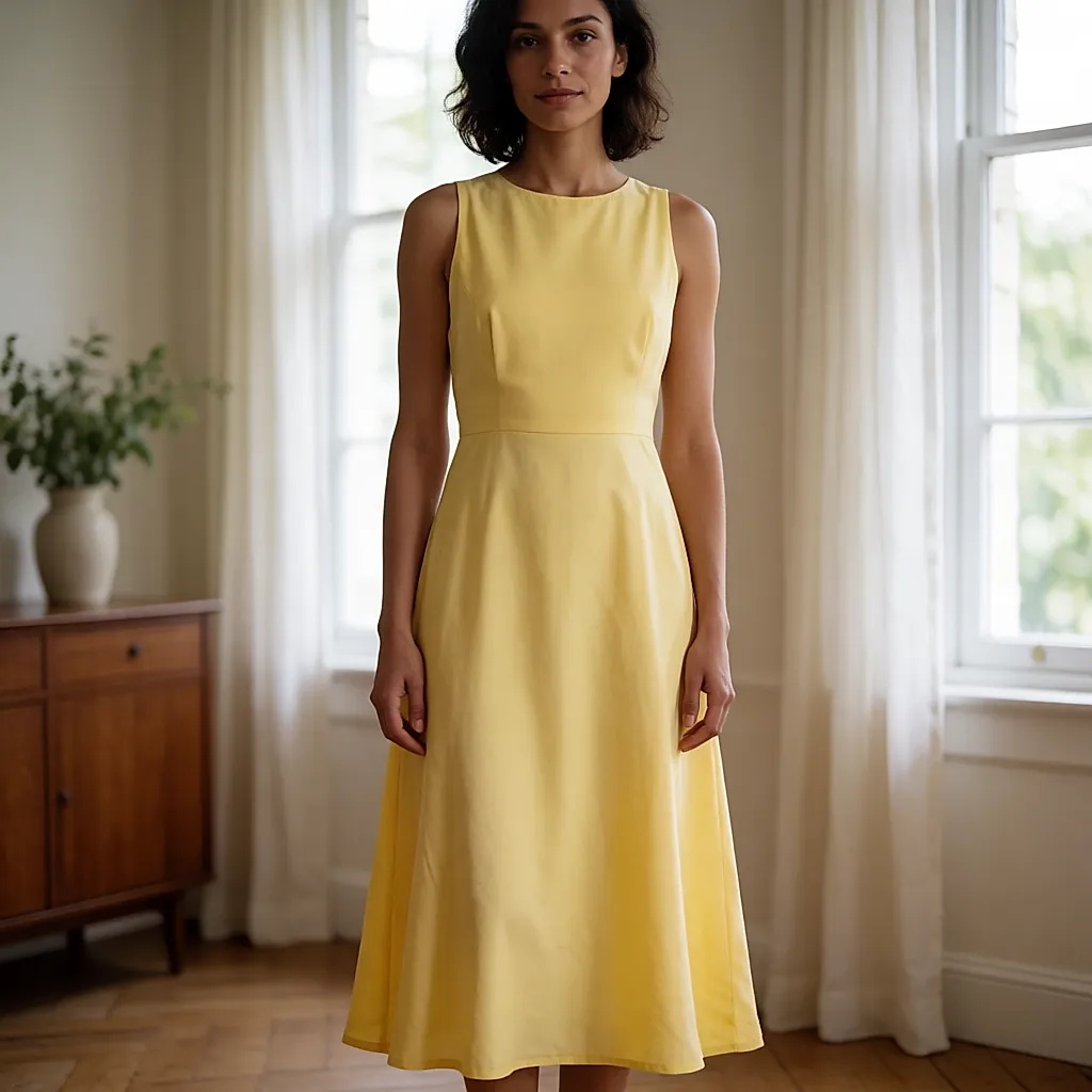 A butter-yellow midi dress with a fluid drape, worn indoors