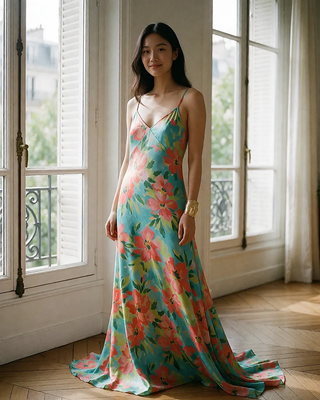 Robe longue imprimée d'un motif peinture, fluide et colorée, portée en intérieur
