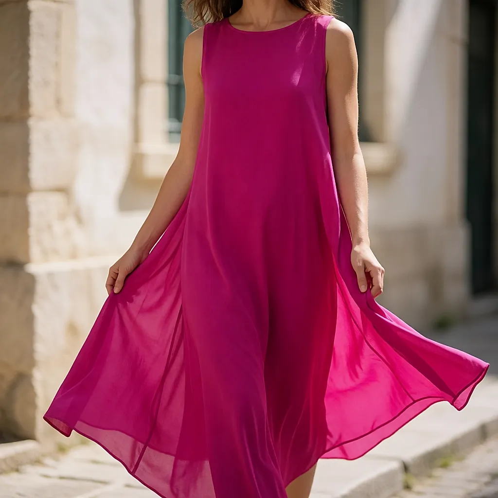 Robe longue fuchsia à jupe évasée, portée en mouvement au soleil