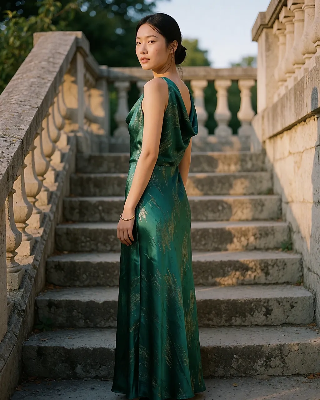 Robe longue en soie émeraude à imprimé métallisé, en haut d'un escalier