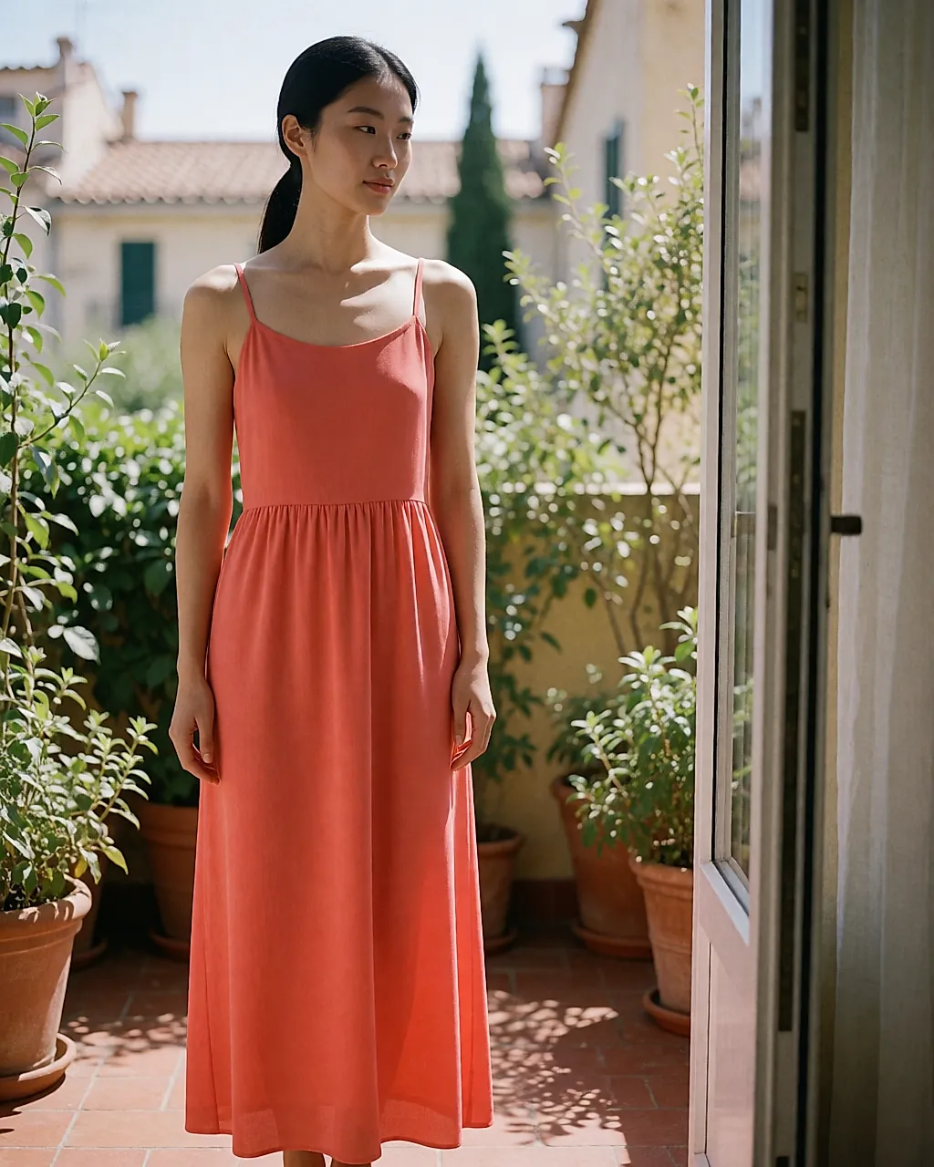 Robe longue corail à fines bretelles, tombé fluide jusqu'aux chevilles