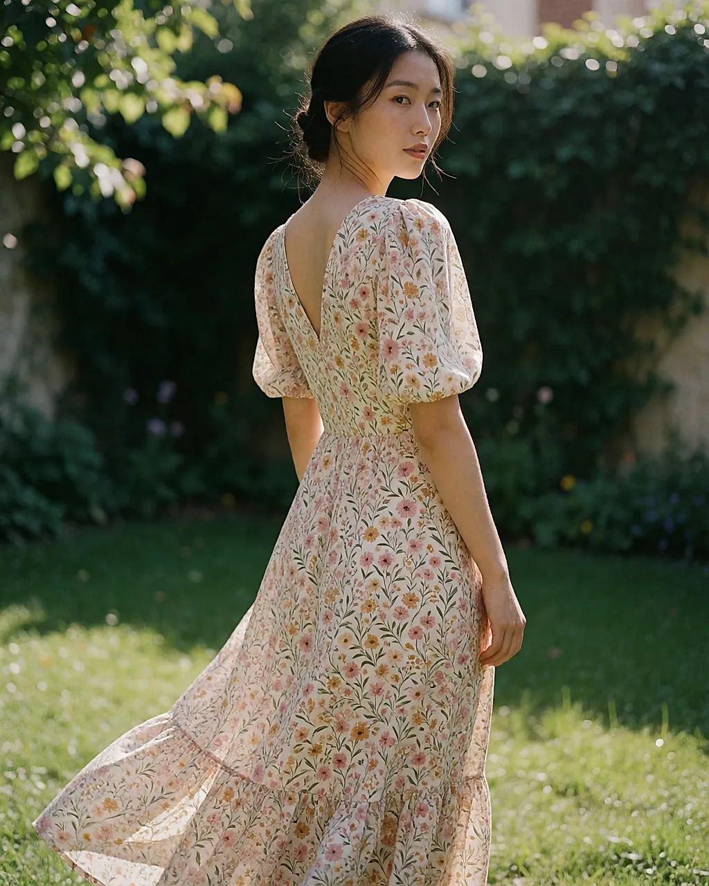 Robe longue fleurie à manches ballon portée dans un jardin