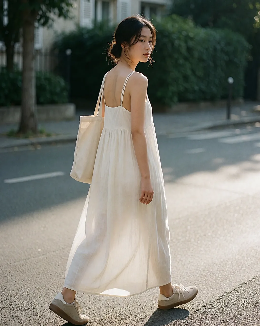 Robe longue écru portée avec des sneakers rétro en daim, en marchant
