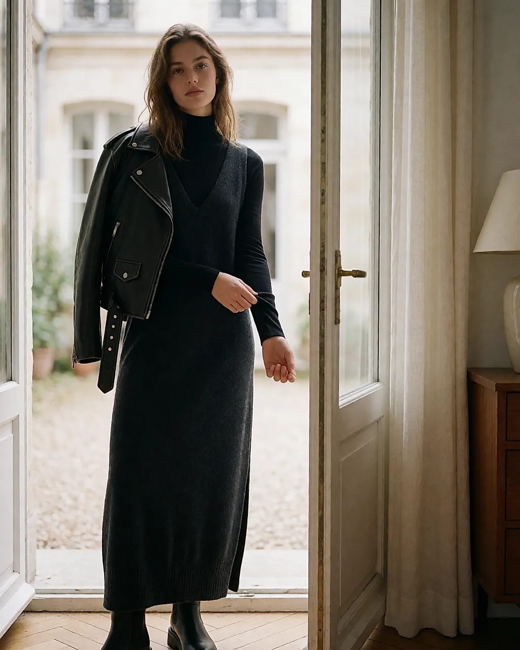 Robe longue en maille portée avec un perfecto et des bottes, entre-saison