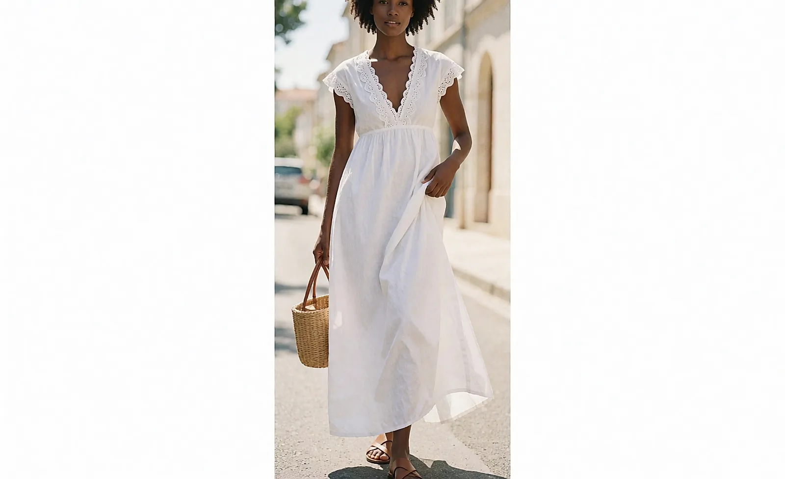 Robe longue blanche en coton brodé portée en rue, plein pied