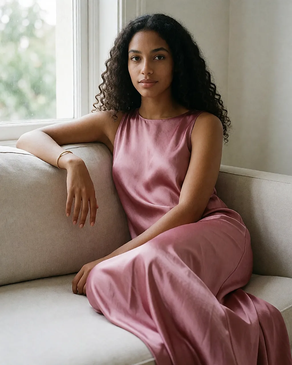 Robe longue en soie rose poudré au tombé liquide, portée assise