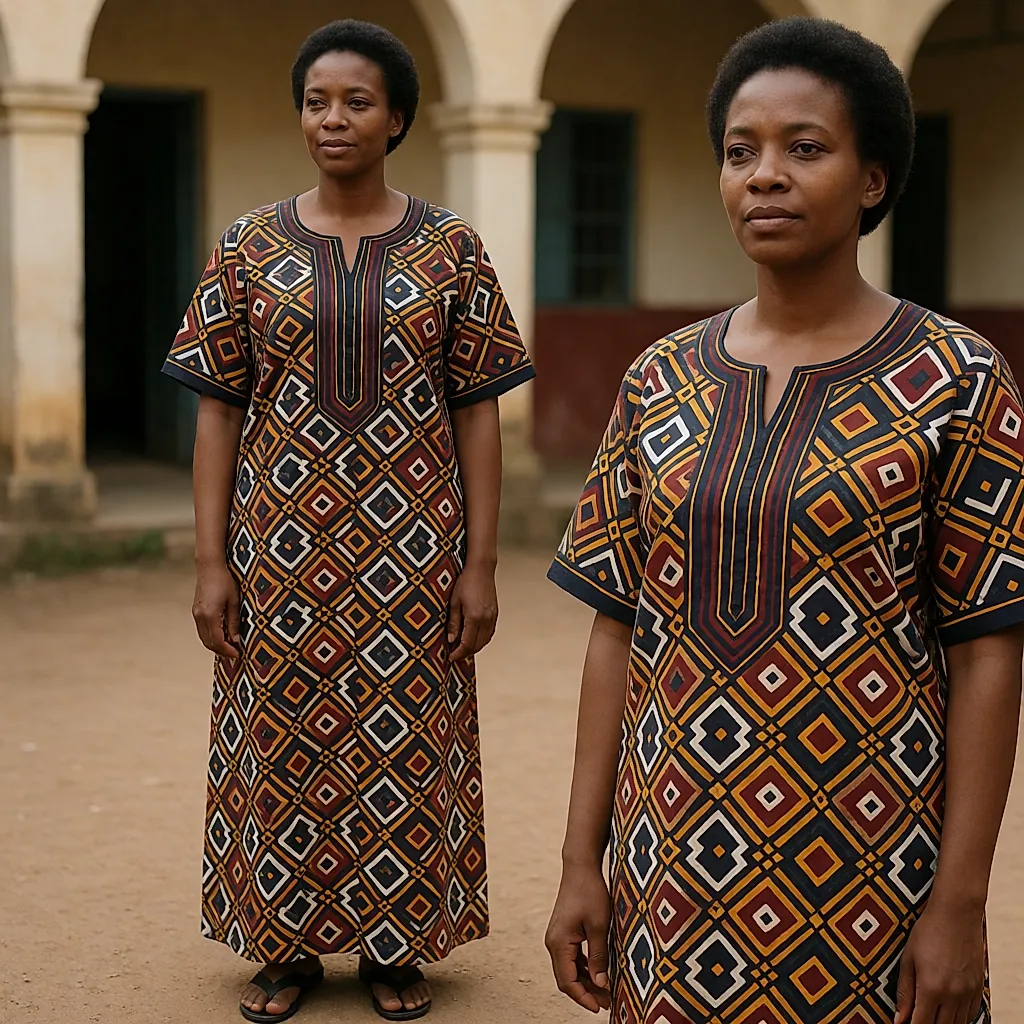 Robe longue à motifs géométriques ethniques portée dans une cour