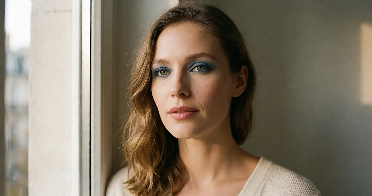 Sombra azul para os olhos, do azul denim ao azul royal, na tendência de maquilhagem do outono-inverno.