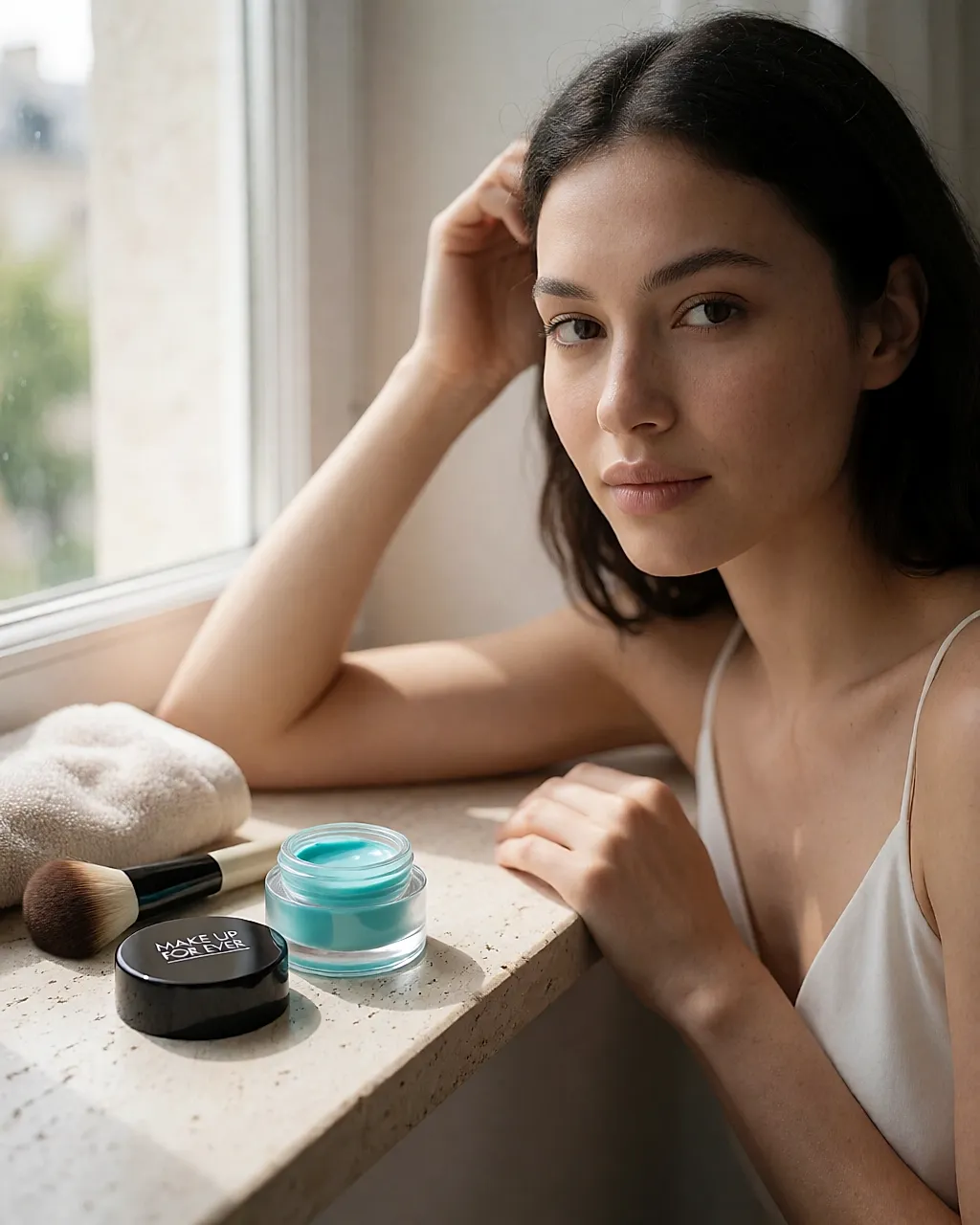 O Aqua Cream turquesa da Make Up For Ever, boião aberto sobre uma pedra clara
