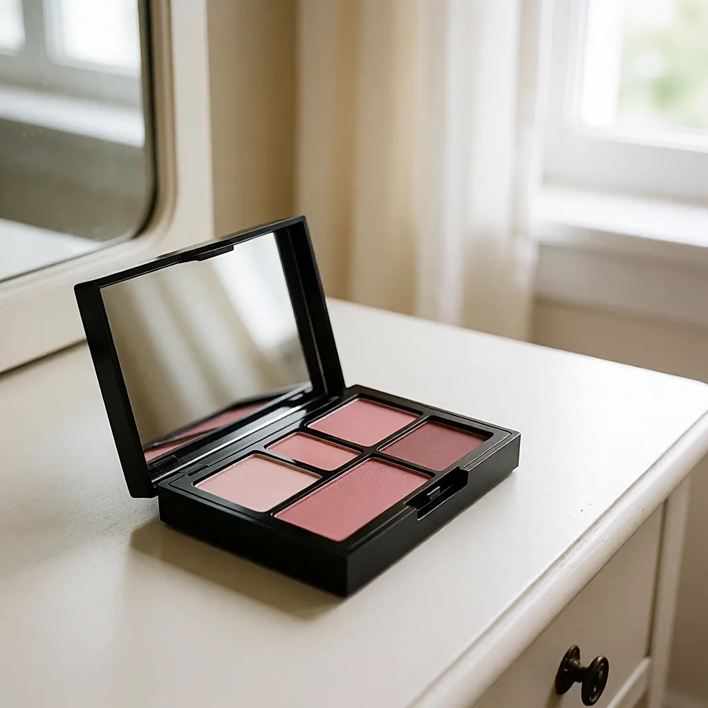 Uma paleta de sombras rosadas aberta numa cómoda clara