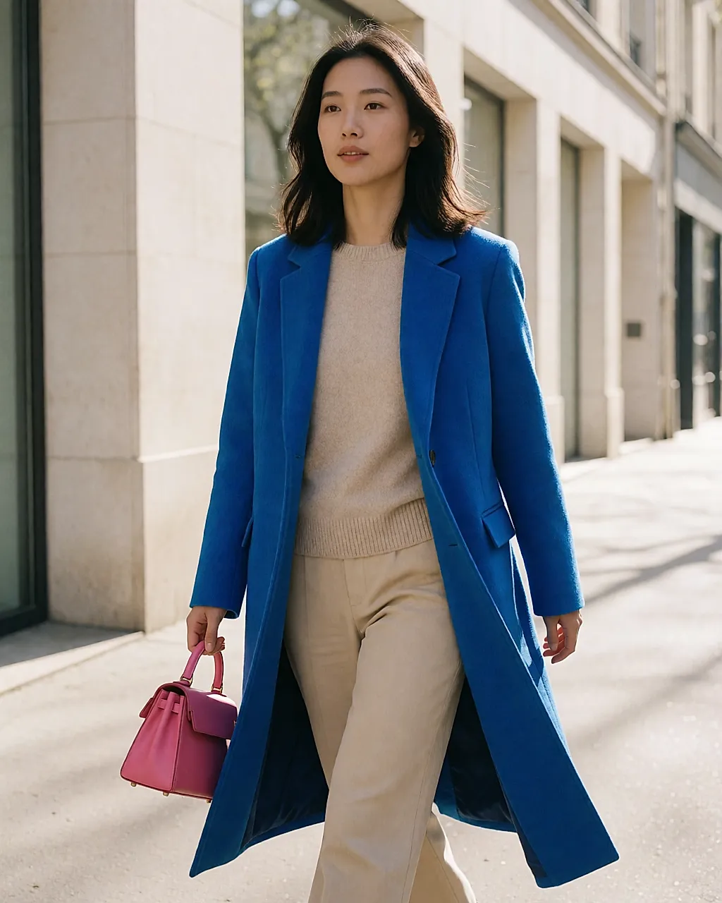Colores pop de primavera: una prenda de tono fuerte, rosa vivo o azul eléctrico, sobre una base neutra