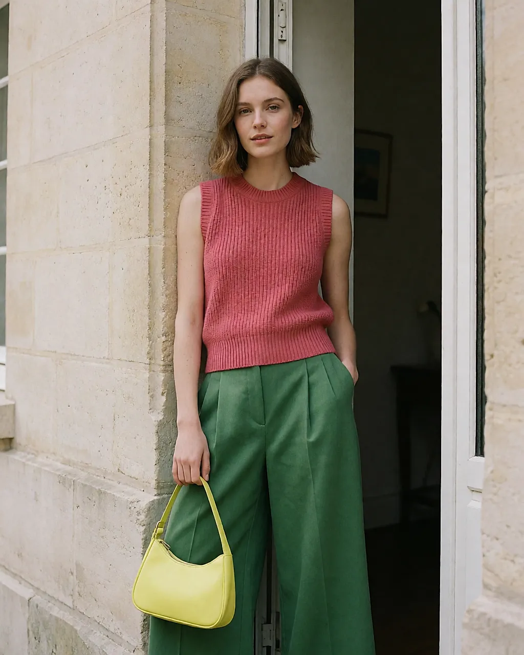 Look de primavera con colores pop, cardigan rosa vivo y pantalón verde anís