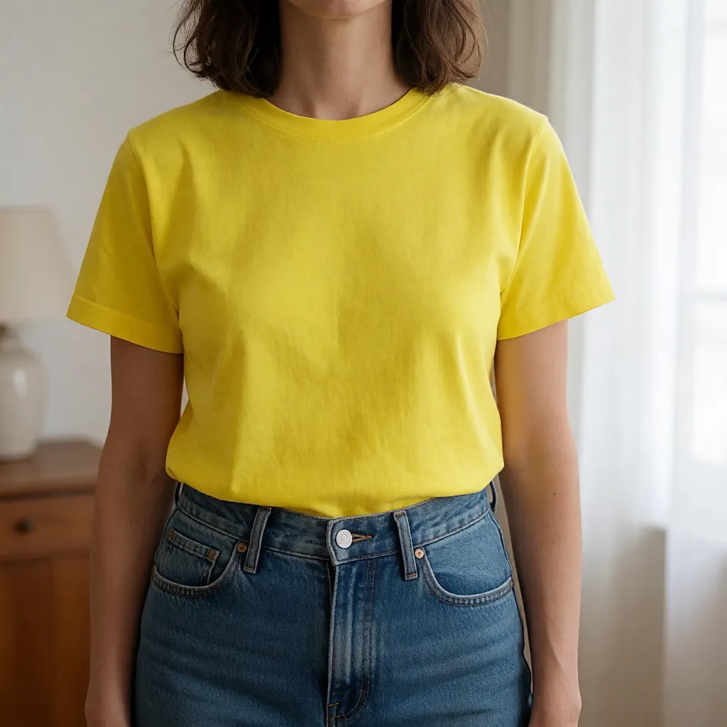 Camiseta amarilla flúor de algodón llevada con unos vaqueros crudos