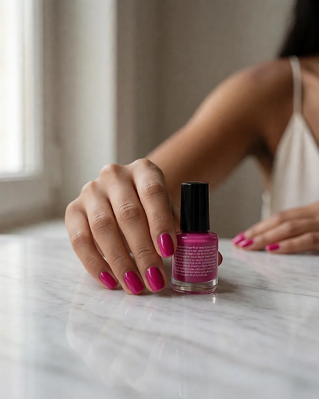 Esmalte de uñas fucsia flúor, mano posada sobre un mármol claro