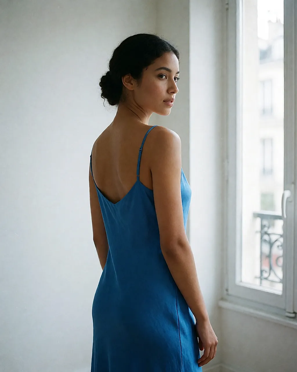 Vestido midi azul vivo de satén, visto de espaldas en un probador