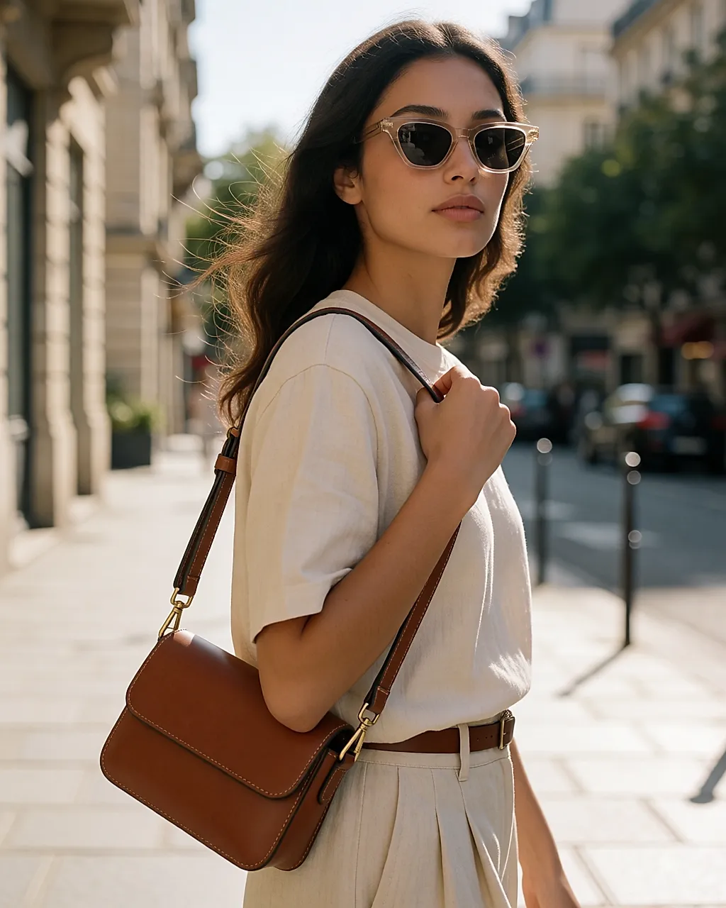 Young woman wearing angular sunglasses and a crossbody bag in the city