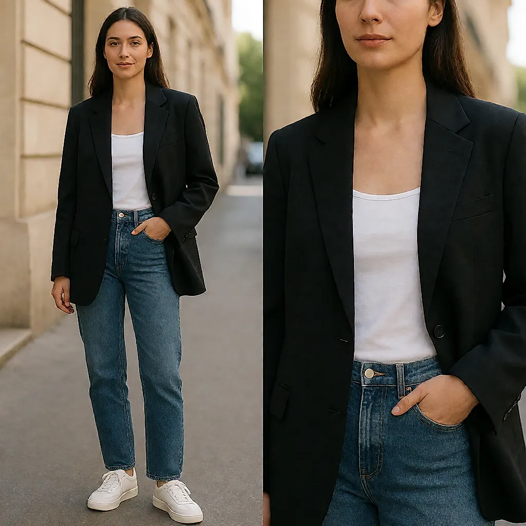 A borrowed-from-the-boys silhouette: unstructured blazer, straight-leg jeans and trainers in the city