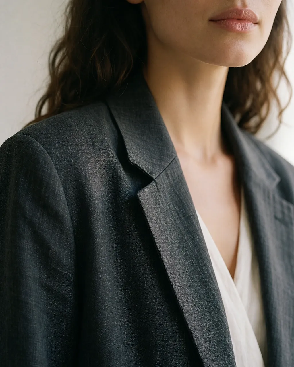 Close-up of the soft shoulder and stitching on an unstructured linen-wool blazer