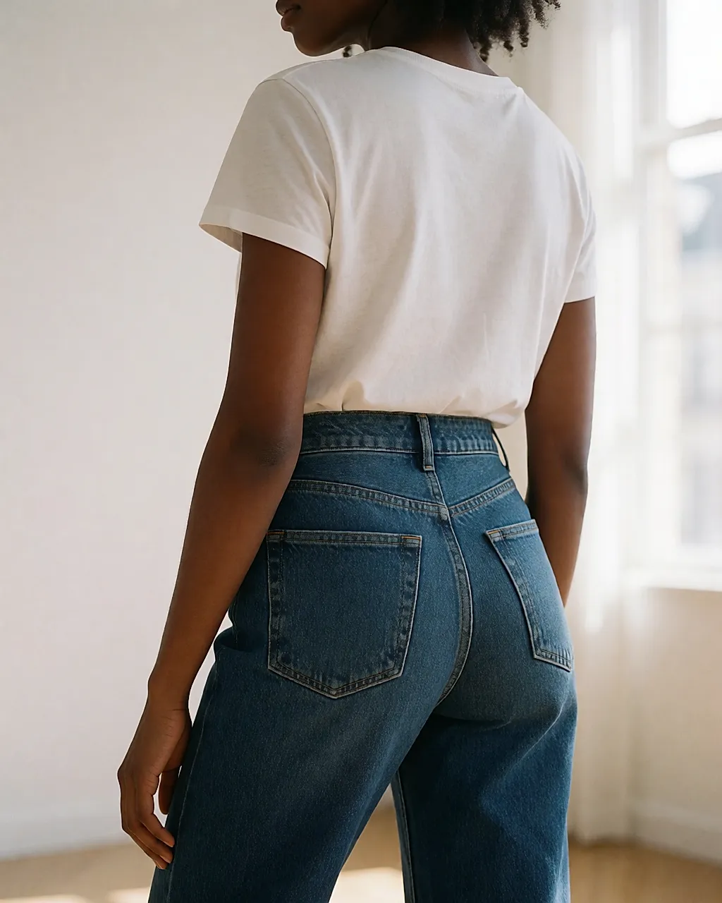 Back view of raw straight-leg jeans worn with a tucked-in white T-shirt