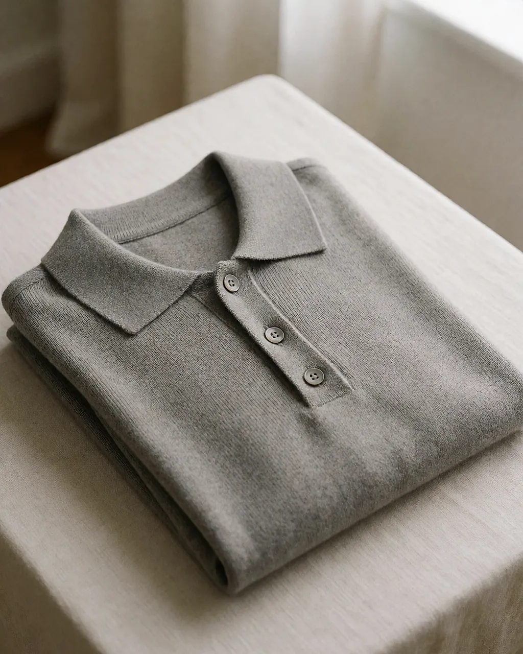 Folded fine-knit polo with ribbed collar and two-button placket