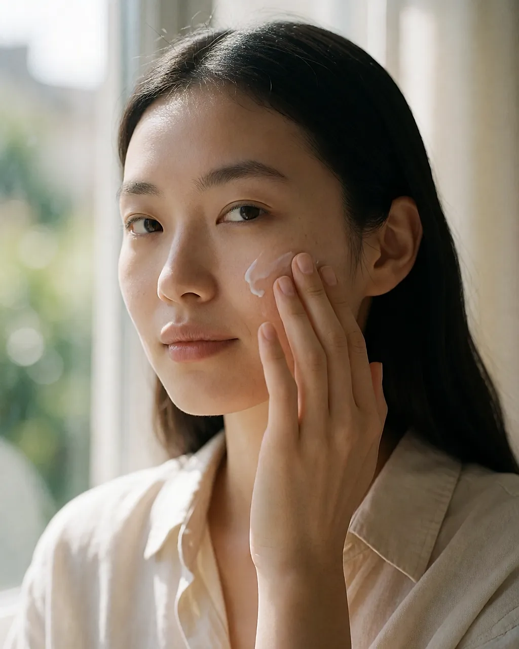 Applying a lightweight cream to the cheek in daylight