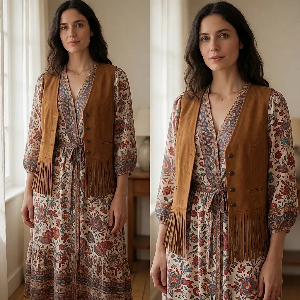 Spring boho silhouette in a printed dress and fringed suede waistcoat
