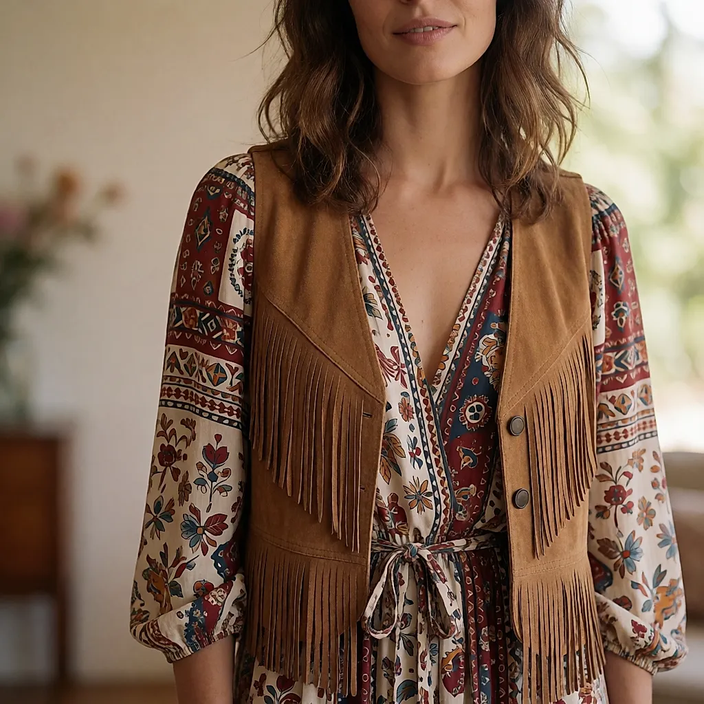 Silhueta boho de primavera com vestido estampado e colete de camurça com franjas