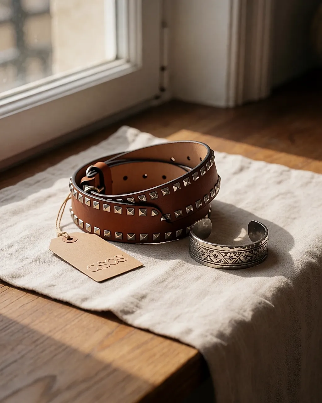 Studded belt and metal boho bracelet on natural linen