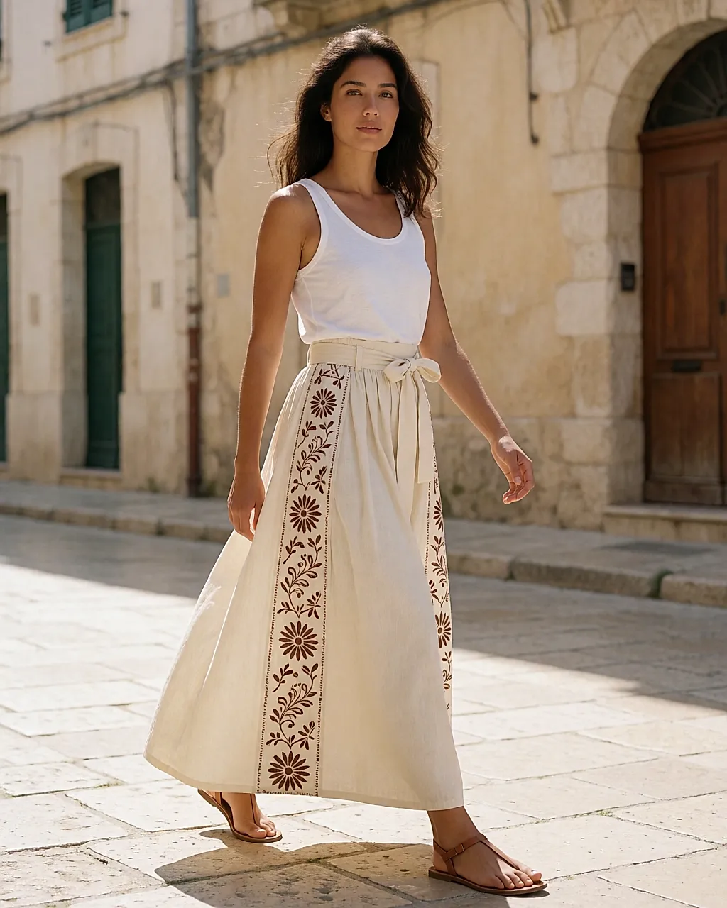 Embroidered ecru cotton maxi skirt, high-waisted with a tied belt