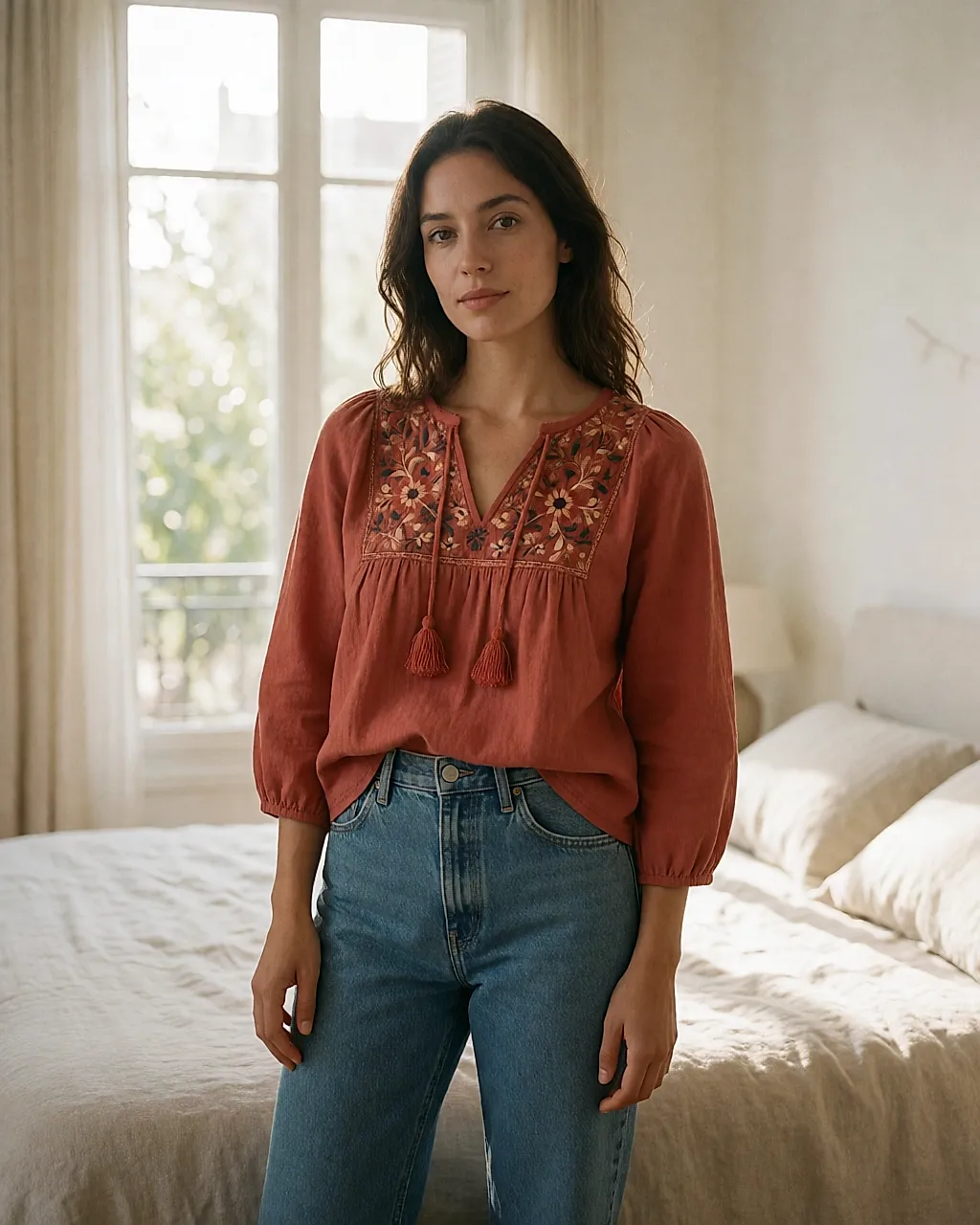 Terracotta embroidered peasant top with pompom ties worn with jeans