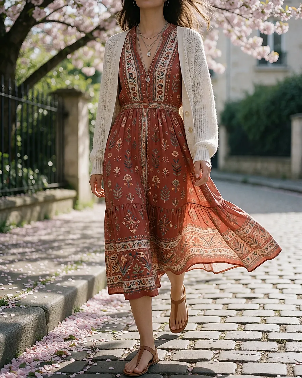 Fluid printed midi dress and knitted cardigan, spring boho mood
