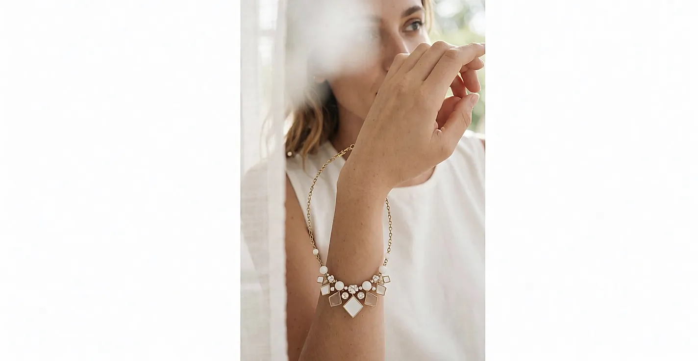Product photo inspired by a metal and plexi bib necklace with beads and crystals