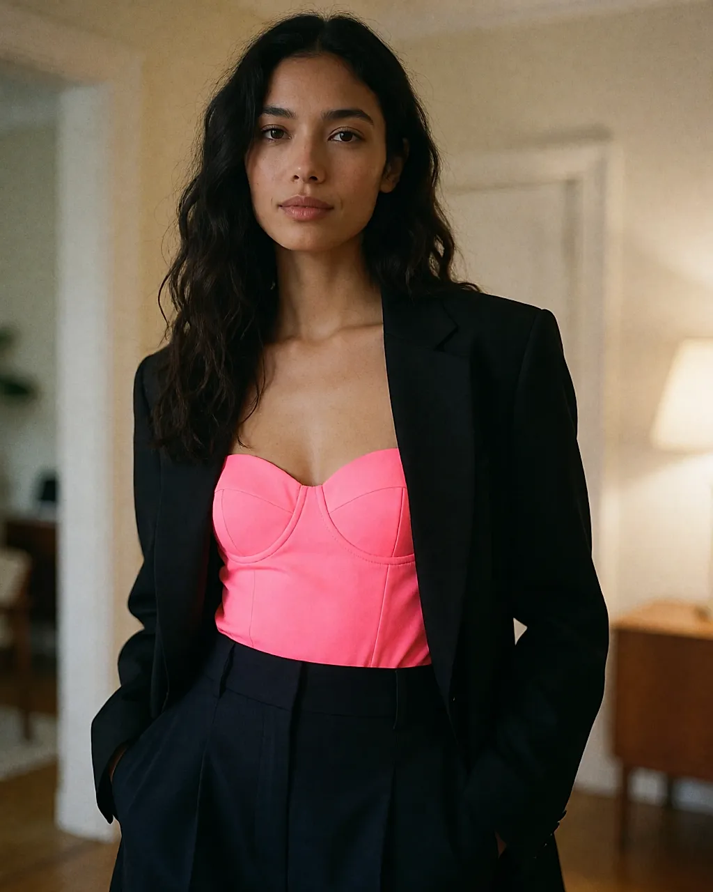 Top bustier rosa néon sob um blusão preto aberto