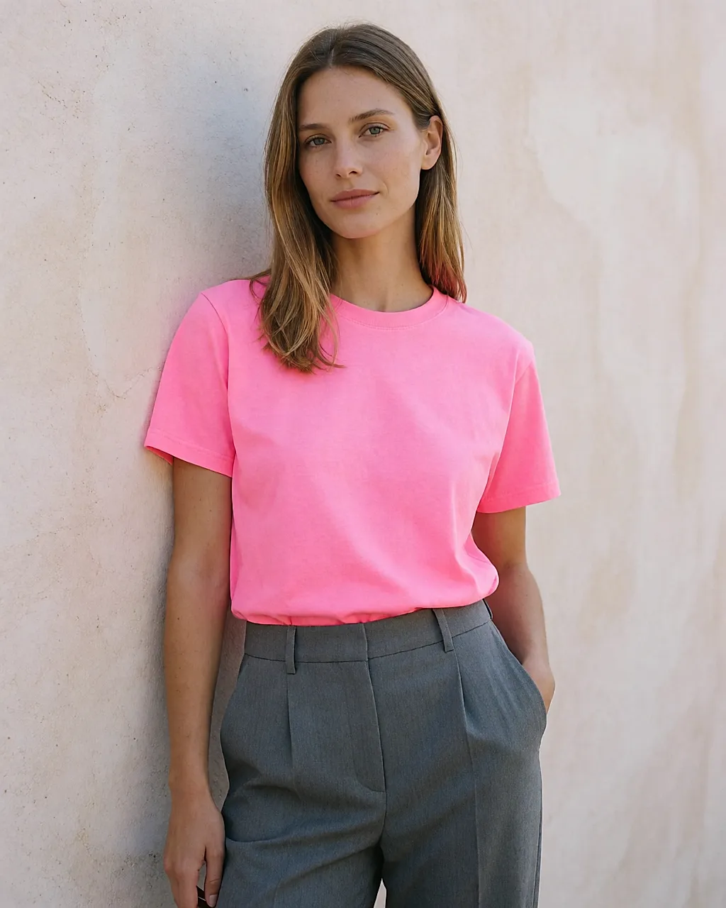 T-shirt rosa néon por dentro de umas calças cinzentas de alfaiate