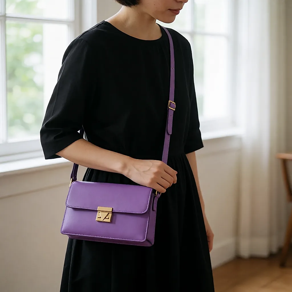 Mala de mão violeta ao braço sobre um conjunto preto, num café
