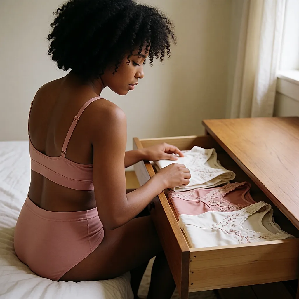 Jeune femme en ensemble coton rose assise près d'un tiroir de lingerie pliée