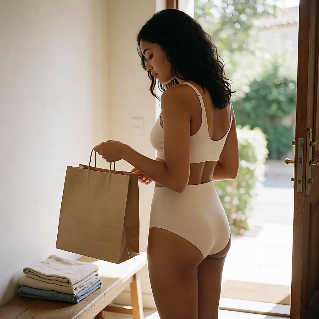 Ensemble beige en coton porté, petit sac d'achat posé sur un banc