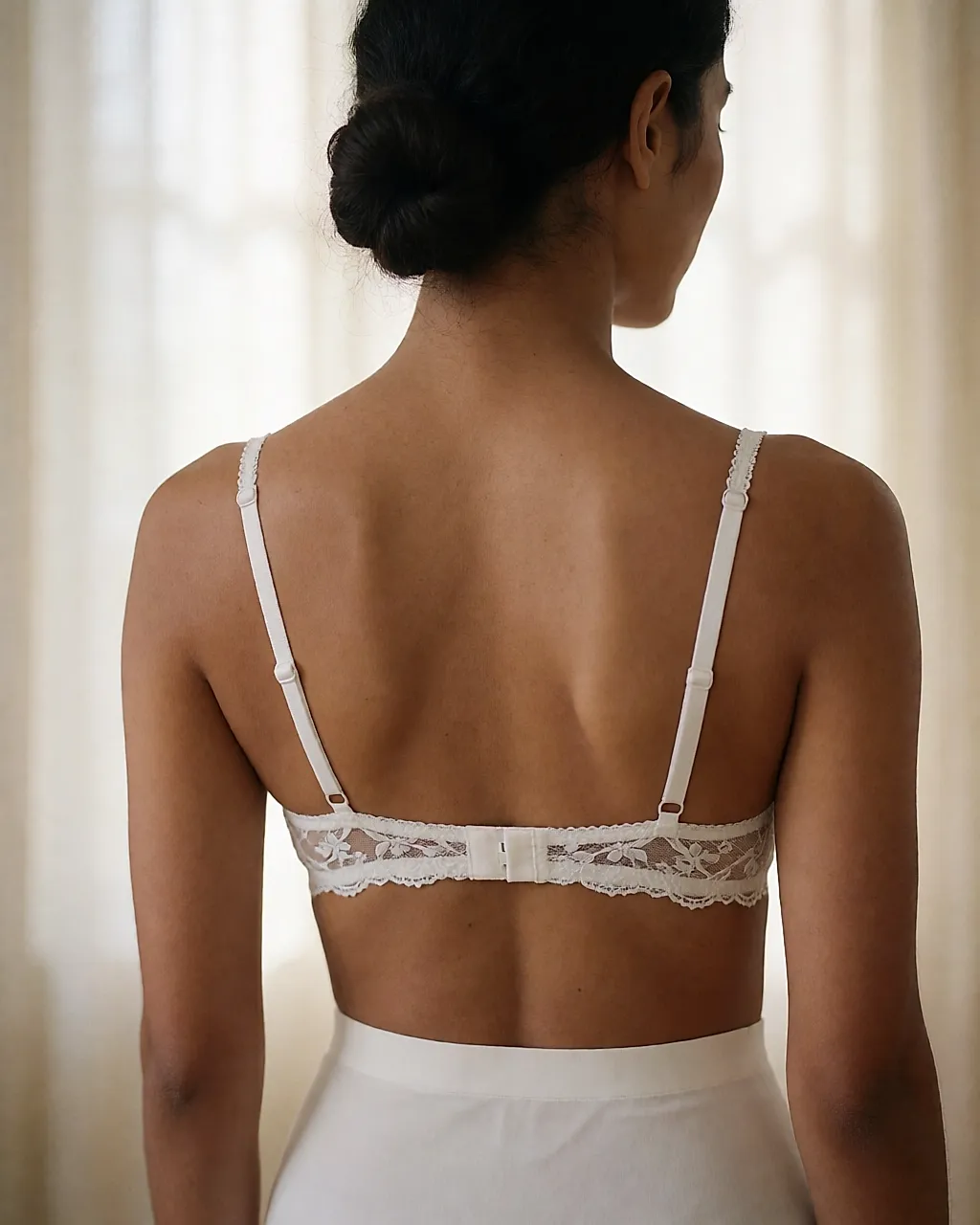 Costas de um soutien branco de renda com alças finas