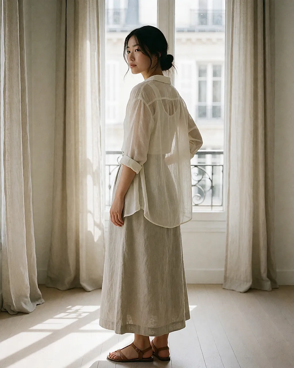 Layered boho silhouette: high-waisted washed-linen maxi skirt, plain vest top and a lightweight voile overshirt