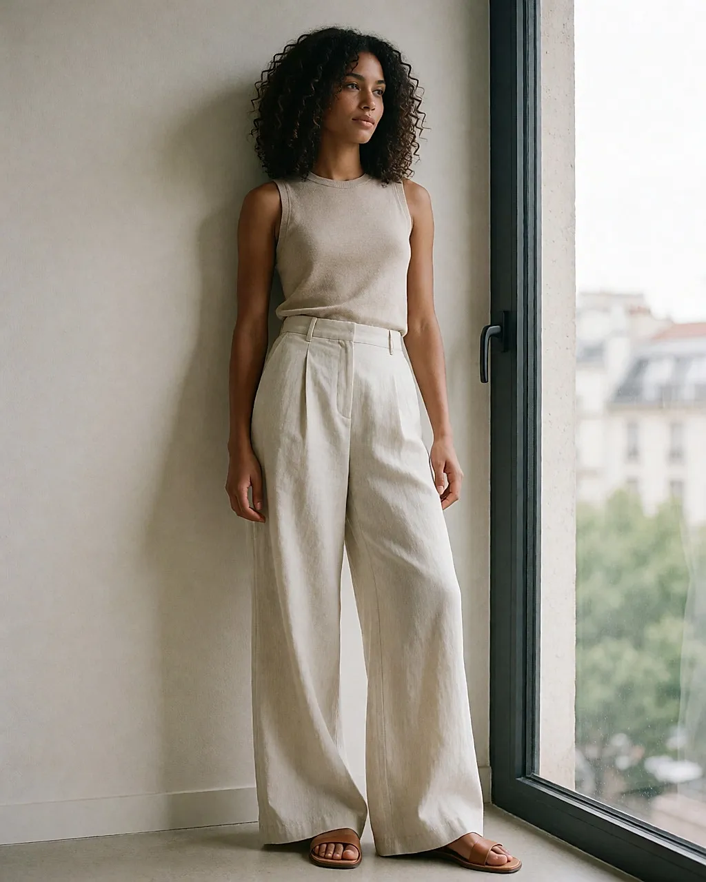 High-waisted wide-leg trousers in fluid linen worn with a fitted top, in a bright flat