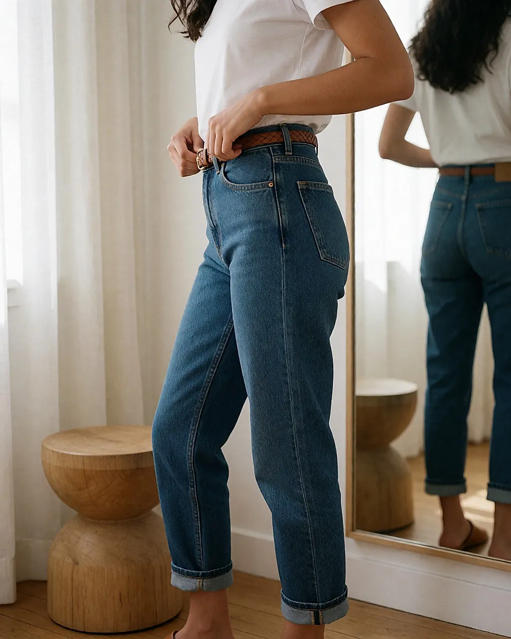 High-waisted straight-leg jeans, hem rolled at the ankle with a slim leather belt, worn with a white T-shirt