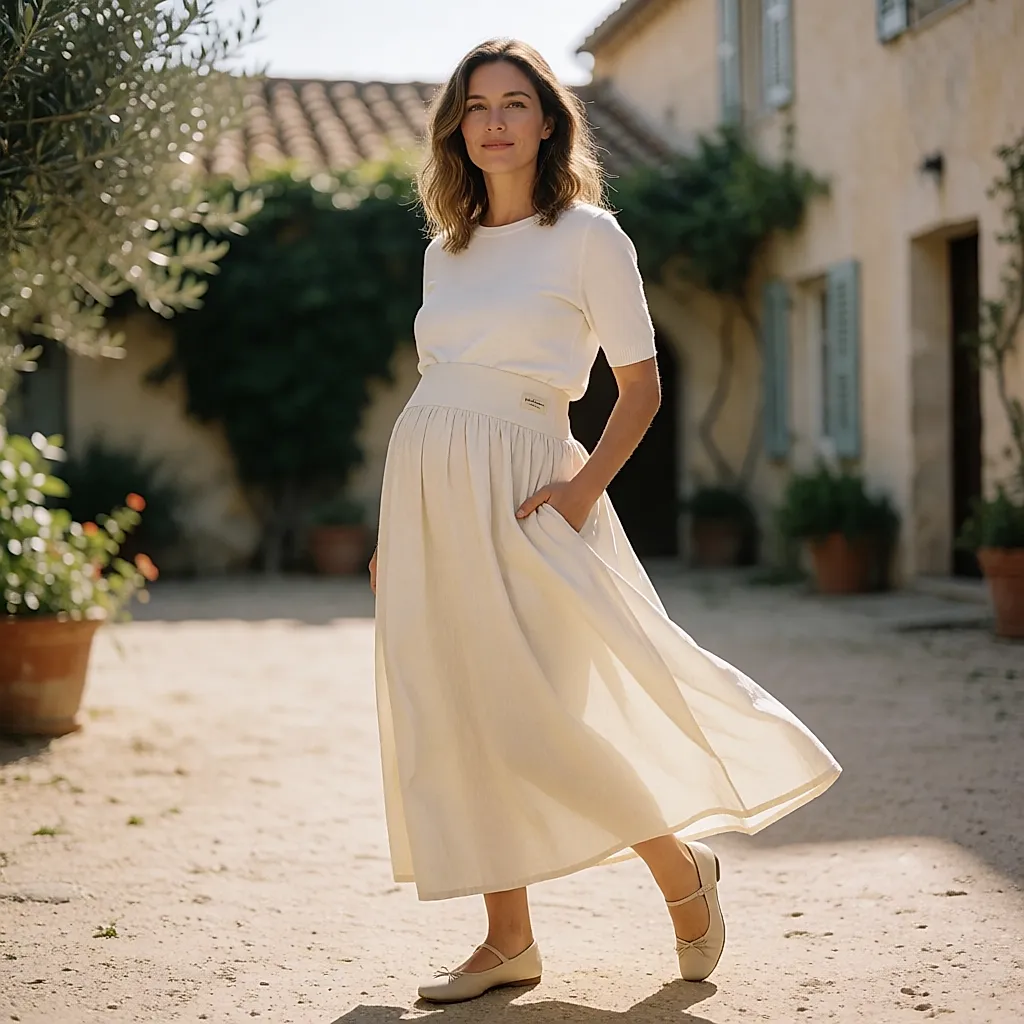 Ensemble Mammafashion avec jupe longue à large bande élastique et haut simple en été
